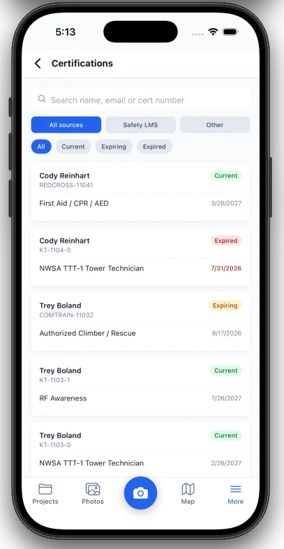 Searching crew certifications on the Mastlens mobile app