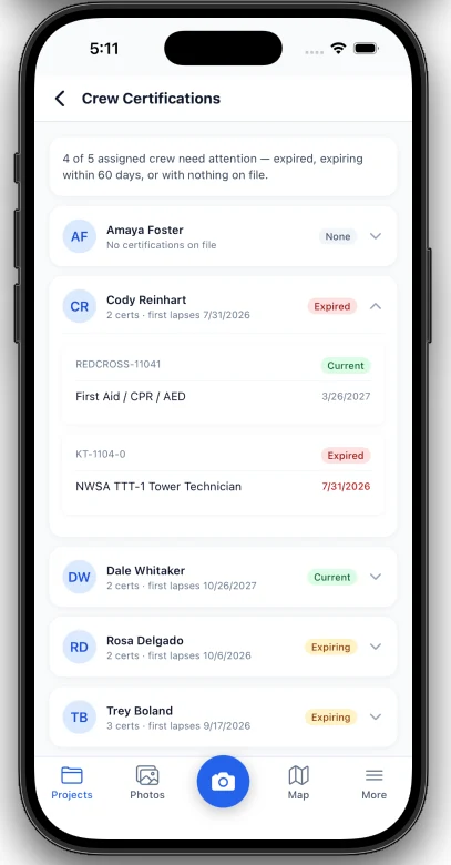 Crew certification status on the Mastlens mobile app