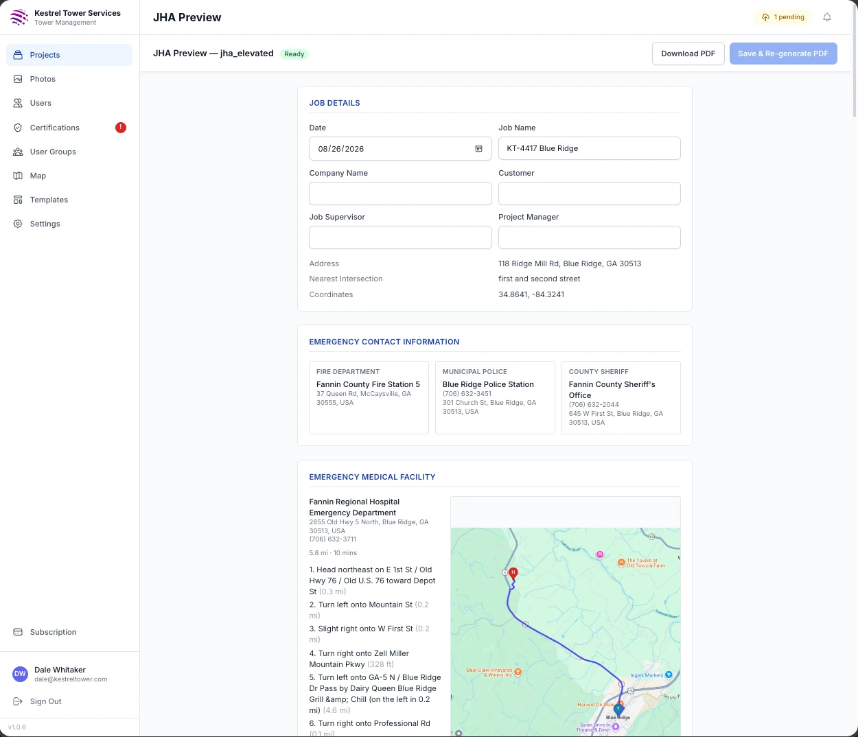A Mastlens JHA report with emergency contacts and a hospital route map