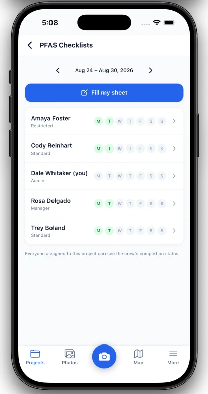 The PFAS crew roster on the Mastlens mobile app