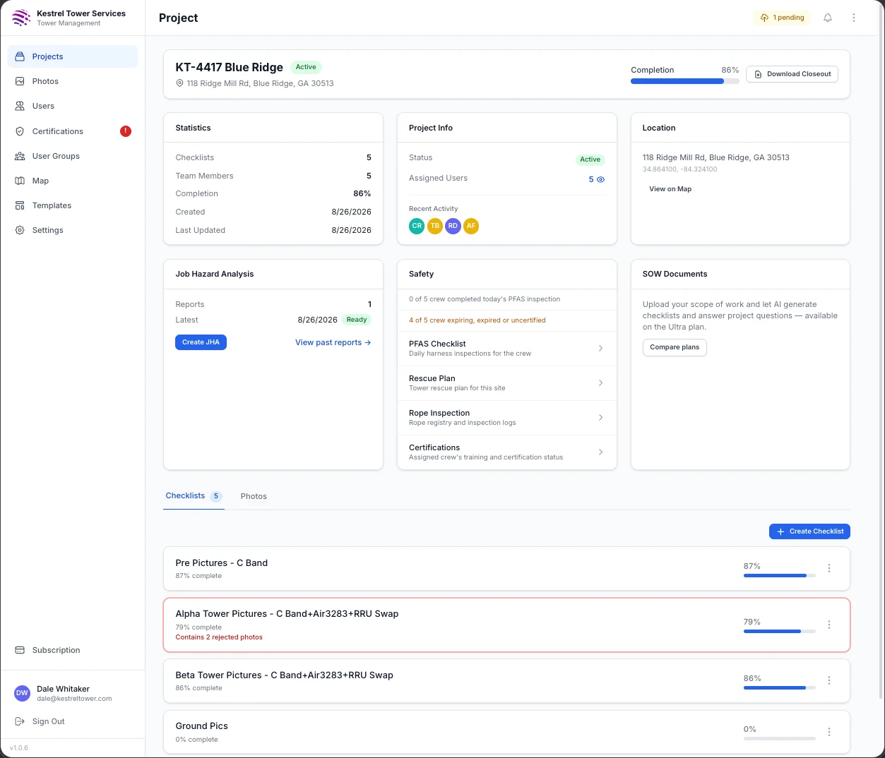 A Mastlens project page showing statistics, safety and checklists
