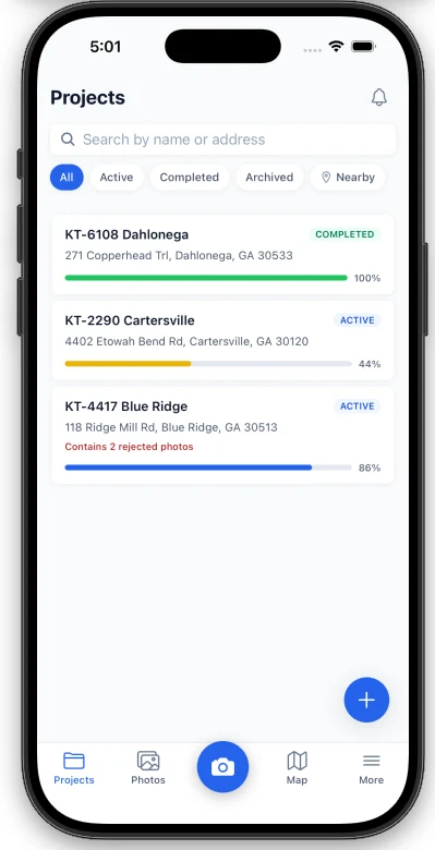 The projects list on the Mastlens mobile app