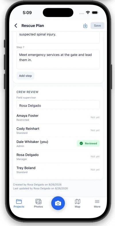 A rescue plan and crew review on the Mastlens mobile app