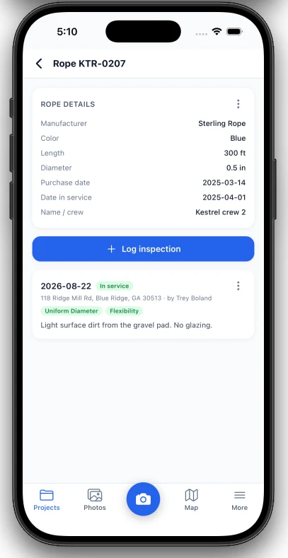 Rope details and inspection log on the Mastlens mobile app